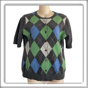 Kenar 2-Ply 100% Cashmere Argyle Short Sleeve Cardigan Sweater Gray Size Medium